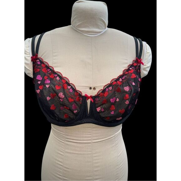 Cacique Unlined Balconette Bra 42DD Black Sheer Embroidered Hearts - Picture 7 of 12